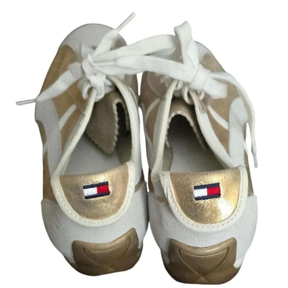 Tommy Girl‎ Metallic Gold White Leather Sneakers Trainers Size 9W EUC